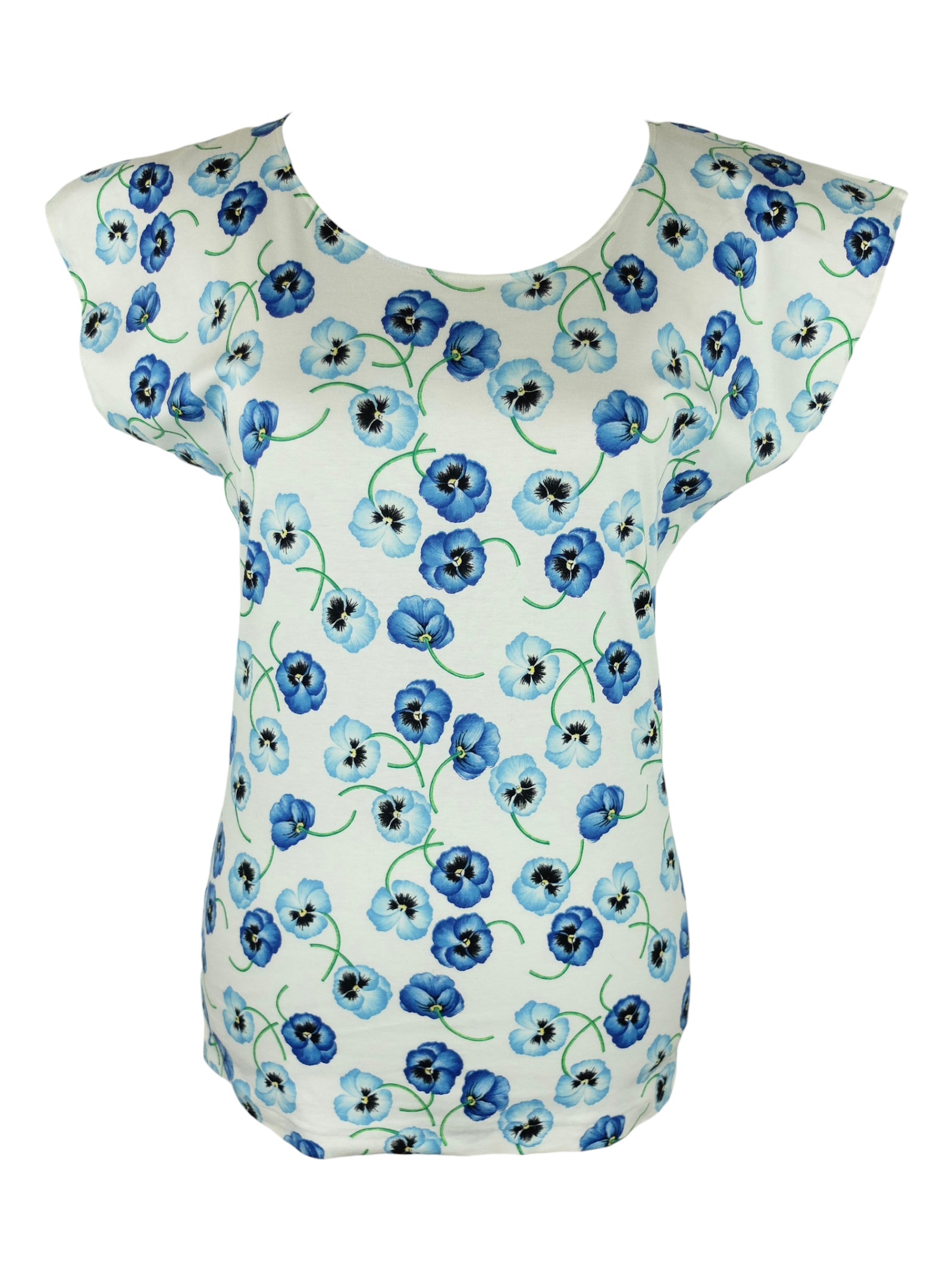 Vintage 2000s Y2K Kenzo Designer Bohemian Blue & White Floral Scoop Neck Pullover T-Shirt Blouse | Size S