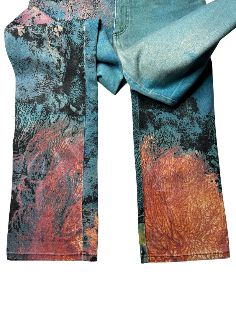 Vintage 90s 1999 Y2K Cavalli High Waisted Abstract Blue Coral Print Graphic Jeans | 28 Inch Waist