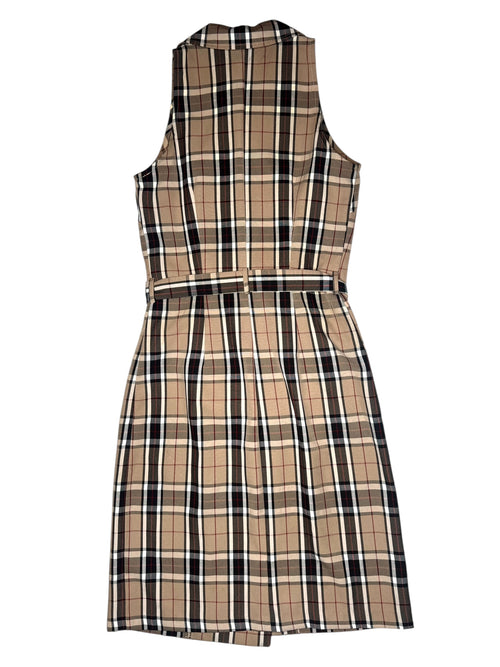 Vintage 90s Y2K Preppy Tartan Plaid Check Print Sleeveless Collared Button Down Midi Dress with Waist Tie | Size M