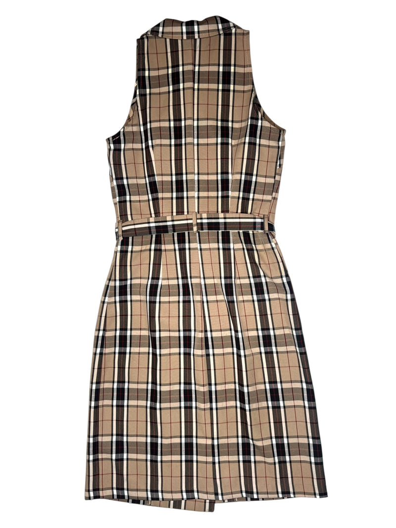 Vintage 90s Y2K Preppy Tartan Plaid Check Print Sleeveless Collared Button Down Midi Dress with Waist Tie | Size M