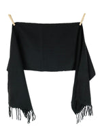 Vintage 90s Minimalist Chic Wool Solid Basic Black Long Wide Winter Scarf with Fringe