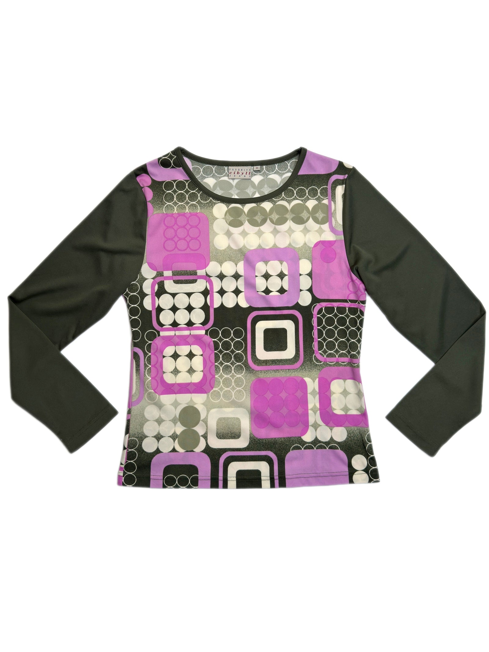 Vintage 2000s Y2K Green Pink & Cream Abstract Geometric Print Stretchy Long Sleeve Top | Size M