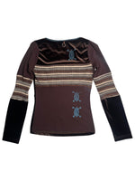 Vintage 2000s Y2K Save the Queen Brown Velvet & Knit Striped Floral Embroidered Long Sleeve Scoop Neck Top | Size M