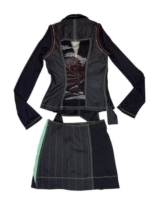 Vintage 2000s OHDD by Save the Queen Subversive Abstract Screen Printed Cutout Blazer & Low Rise Mini Skirt 2 Piece Set | Size S