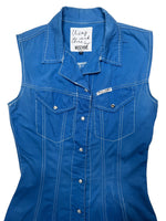 Vintage 2000s Y2K Moschino Mod Preppy Blue Sleeveless Collared Snap Button Down A-Line Mini Dress | Size M