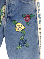 Vintage 2000s Y2K High Waisted Cute Utilitarian Blue Medium Wash Denim Jorts Long Bermuda Shorts with Painted Dragon & Flowers | 29 Inch Waist