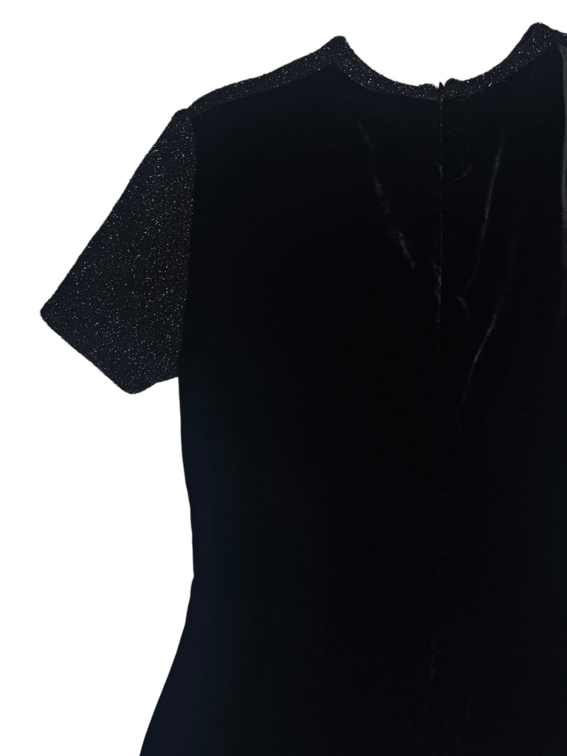 Vintage 90s Y2K Roberto Scarpa Black Velvet Short Sleeve Formal Cocktail Party Dress With Fuzzy Sparkle Detail | Size M-L