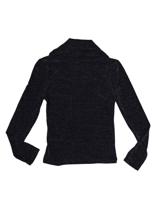Vintage 2000s Black Metallic Sparkle Stretchy Long Sleeve Mockneck Top with Tie | Size XS-S
