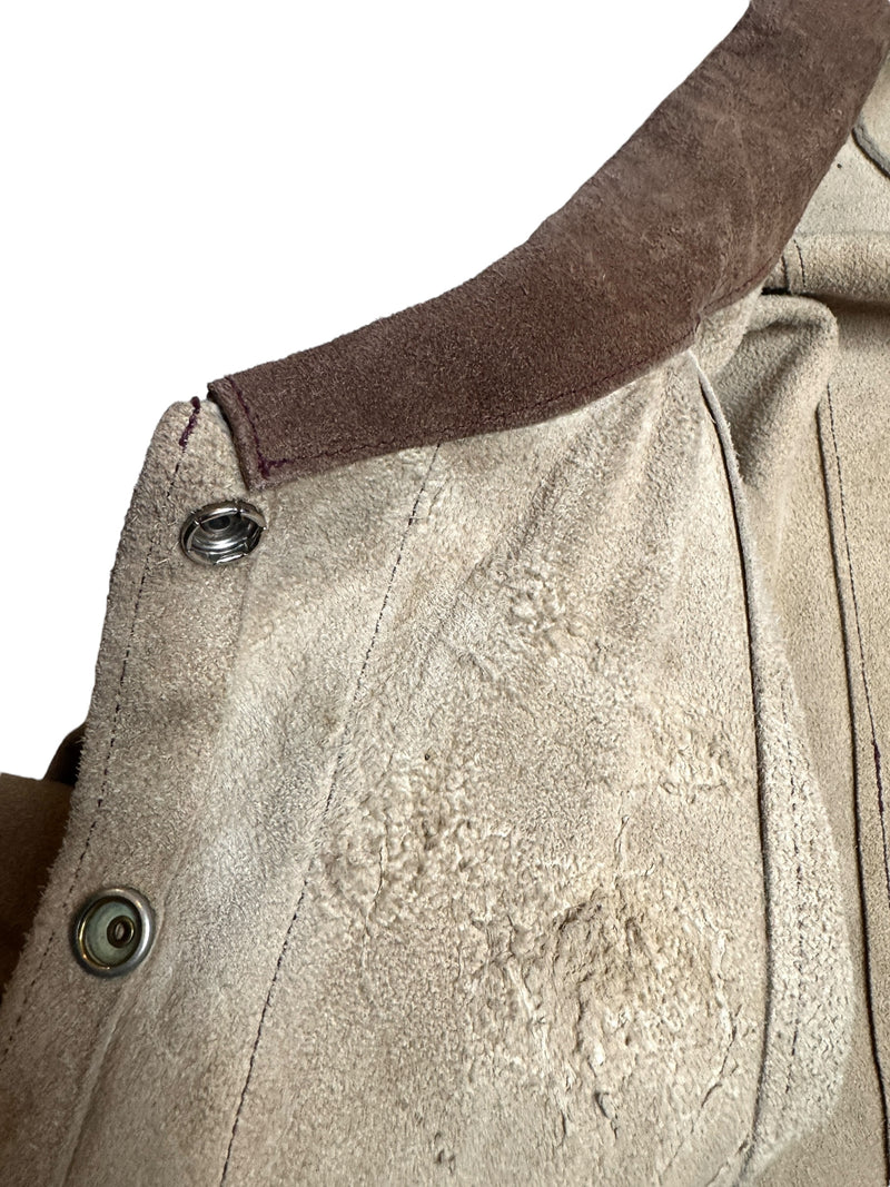 Vintage 70s Bohemian Hippie Tan & Brown Suede Leather Collared Snap Button Down Cape Poncho | Size M