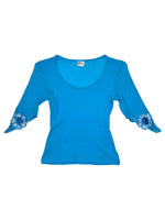 Vintage 2000s LA PERLA Blue 3/4 Sleeve Scoop Neck Mesh Top with Floral Detail | Size XS