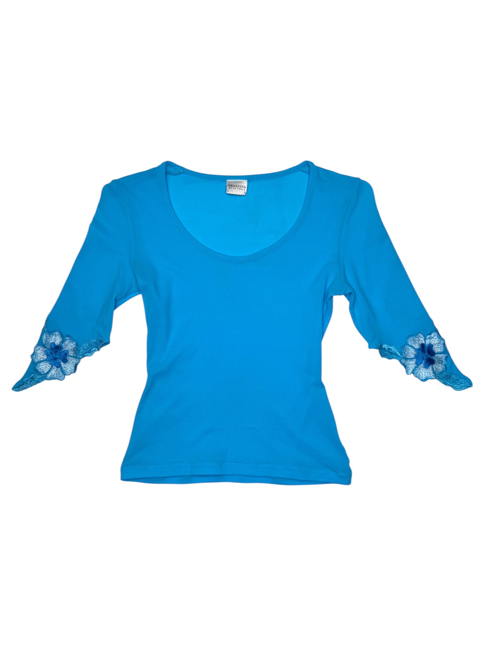 Vintage 2000s LA PERLA Blue 3/4 Sleeve Scoop Neck Mesh Top with Floral Detail | Size XS