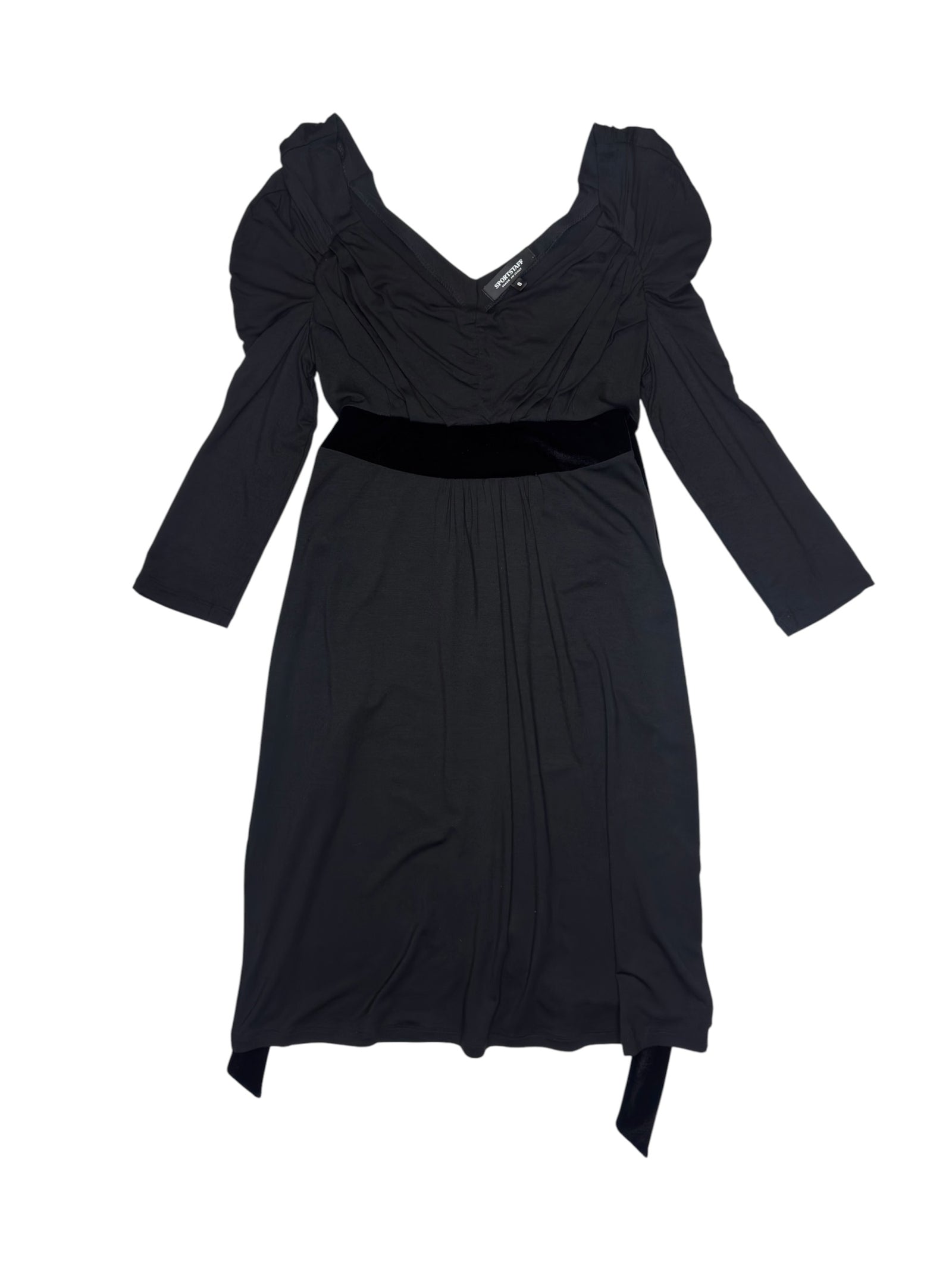 Vintage 2000s SPORTSTAFF Black Knee Length Long Sleeve Dress with Velvet Tie | Size S