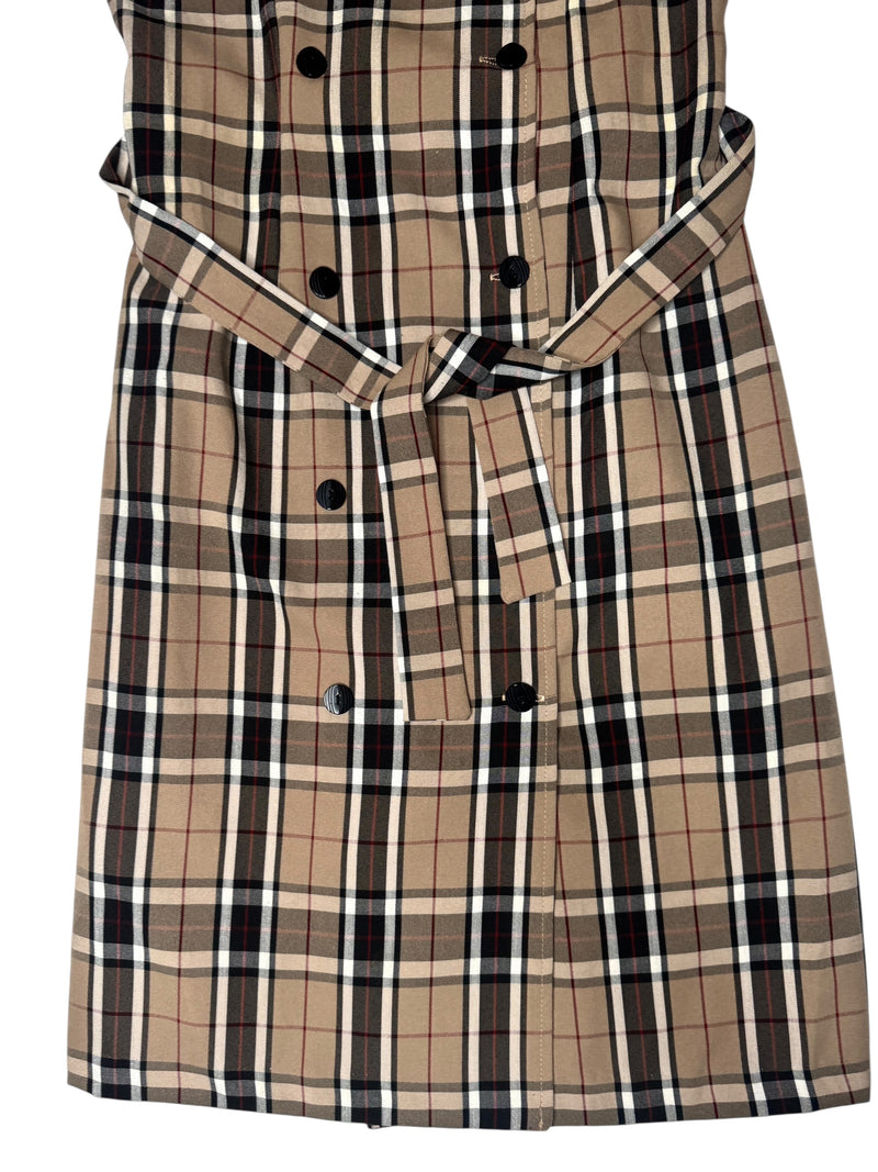 Vintage 90s Y2K Preppy Tartan Plaid Check Print Sleeveless Collared Button Down Midi Dress with Waist Tie | Size M