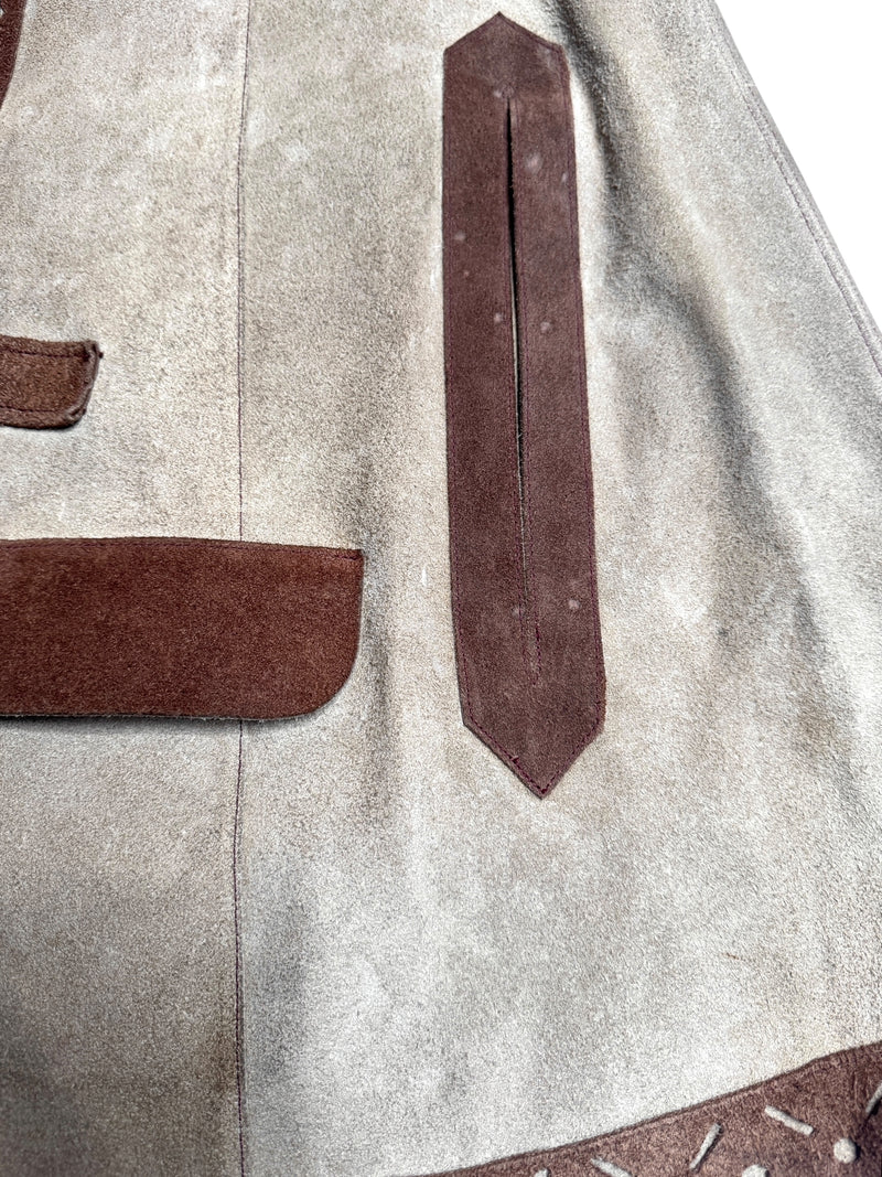 Vintage 70s Bohemian Hippie Tan & Brown Suede Leather Collared Snap Button Down Cape Poncho | Size M