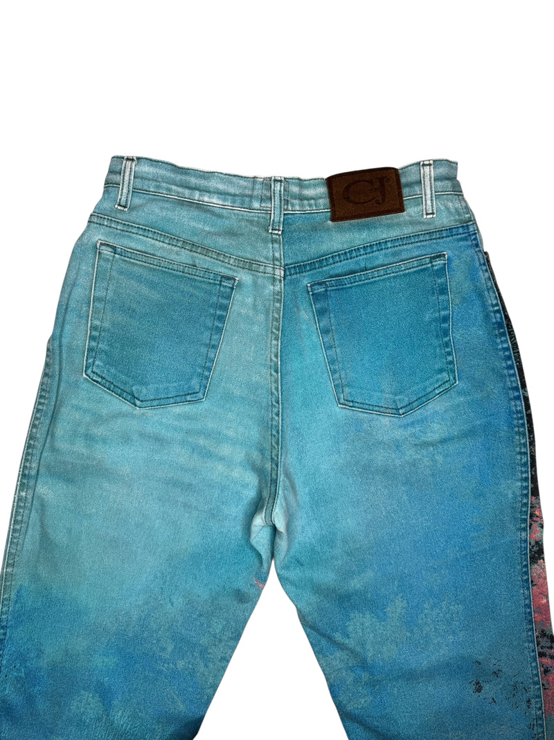 Vintage 90s 1999 Y2K Cavalli High Waisted Abstract Blue Coral Print Graphic Jeans | 28 Inch Waist