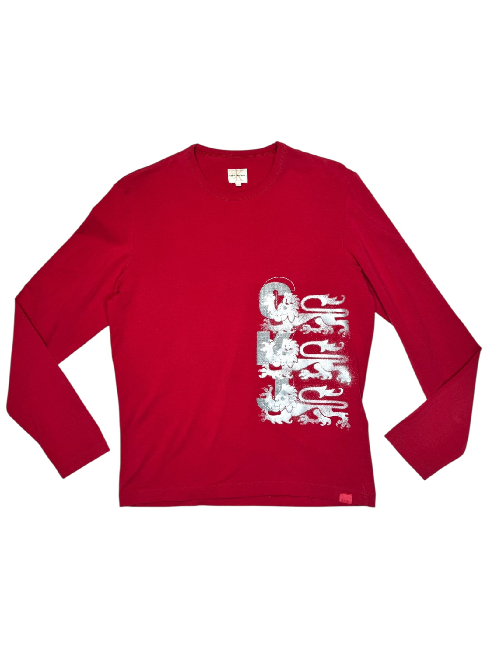 Vintage 2000s Men’s Calvin Klein Red & Silver Graphic Long Sleeve Shirt | Size M