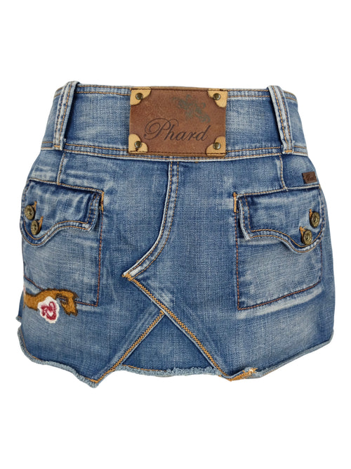 Vintage 2000s Y2K Phard Low Rise Subversive Bohemian Medium Wash Denim Jean Mini Skirt with Floral Embroidery | Size 29