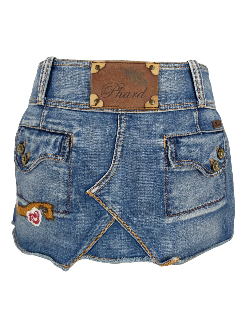 Vintage 2000s Y2K Phard Low Rise Subversive Bohemian Medium Wash Denim Jean Mini Skirt with Floral Embroidery | Size 29