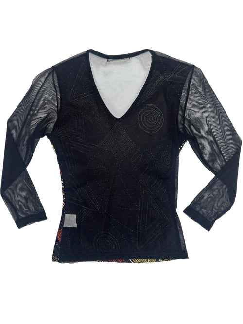 Vintage 2000s Y2K Mesh Black Red & Cream Abstract Metallic V-Neck 3/4 Sleeve Top | Size S