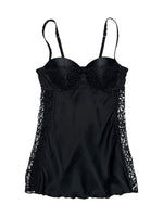 Vintage 2000s Black Silky Lingerie Bustier Corset Slip Top with Lace Panels & Push-Up Bra | Size S-M