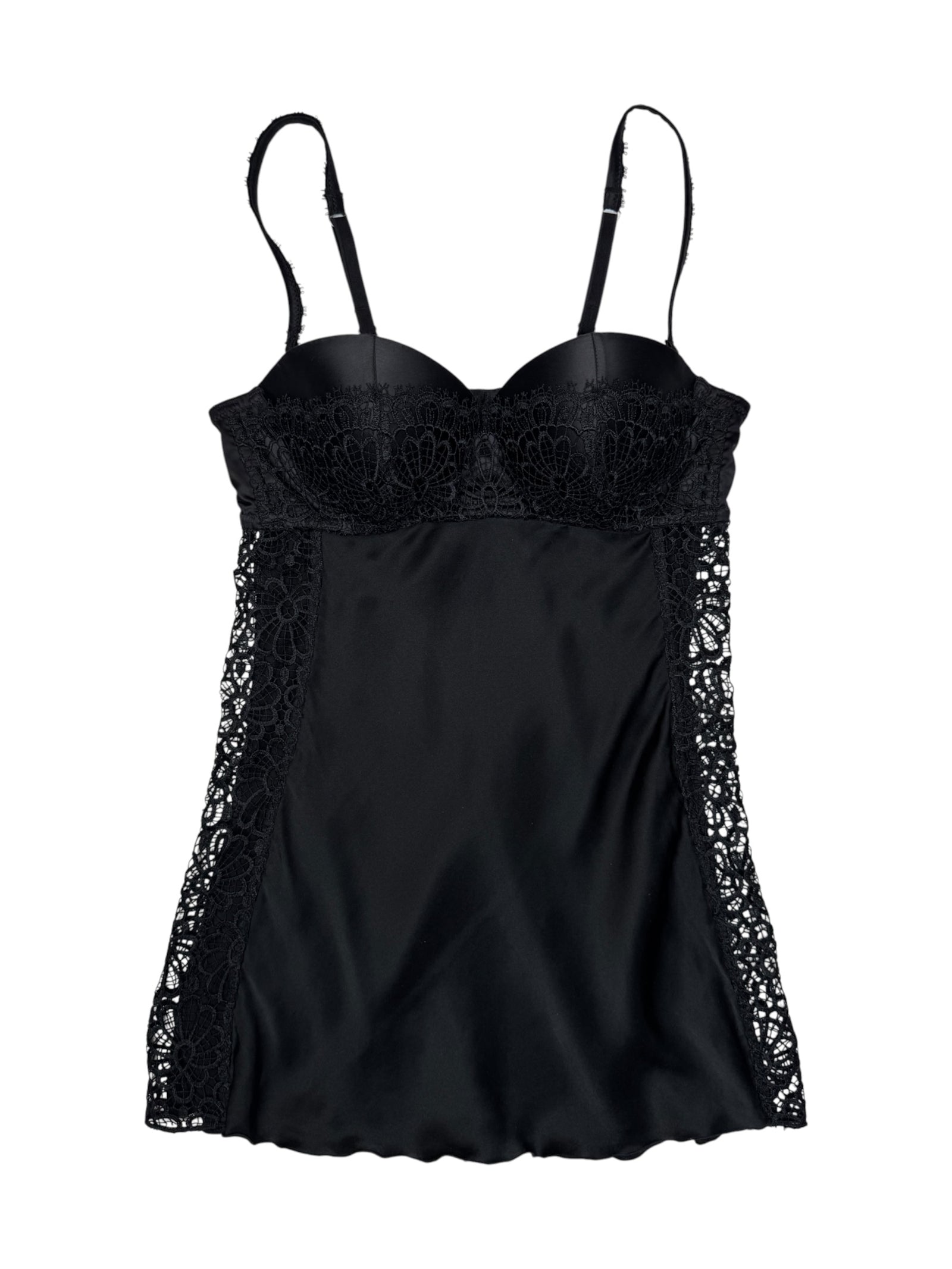 Vintage 2000s Black Silky Lingerie Bustier Corset Slip Top with Lace Panels & Push-Up Bra | Size S-M
