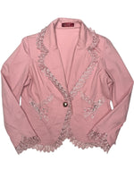 Vintage 2000s Y2K Preppy Chic Pastel Baby Pink Collared Cotton Blazer Jacket with Bedazzled Rhinestones | Size M