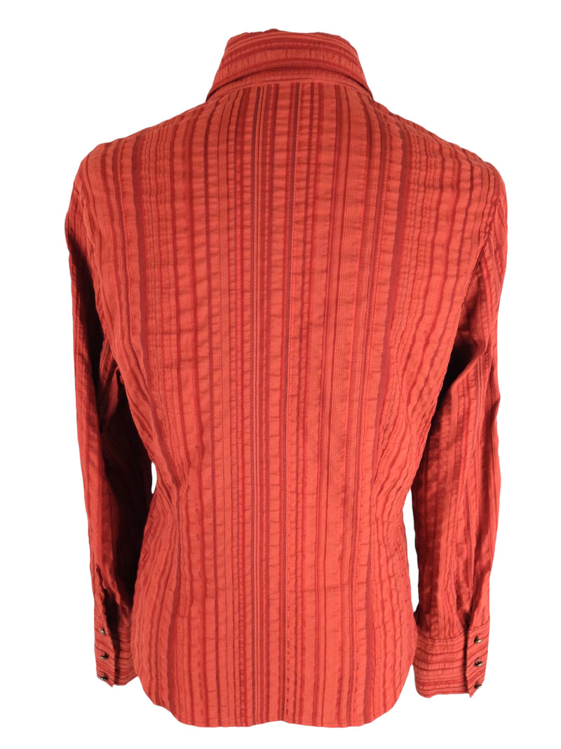 Vintage 2000s Y2K Minimalist Bohemian Red Striped Collared Long Sleeve Button Up Blouse | Size S-M
