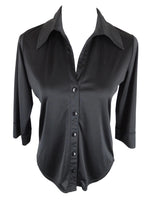 Vintage 2000s Y2K Chic Minimalist Solid Black Silky Pointed Collared 3/4 Sleeve Button Up Blouse | Size L
