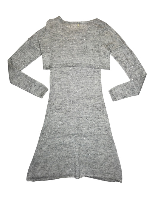 Vintage 2000s GALLIANO Mohair Wool Blend Grey Sequin Knit A-Line Tank Midi Dress & Cropped Cardigan 2 Piece Set | Size S