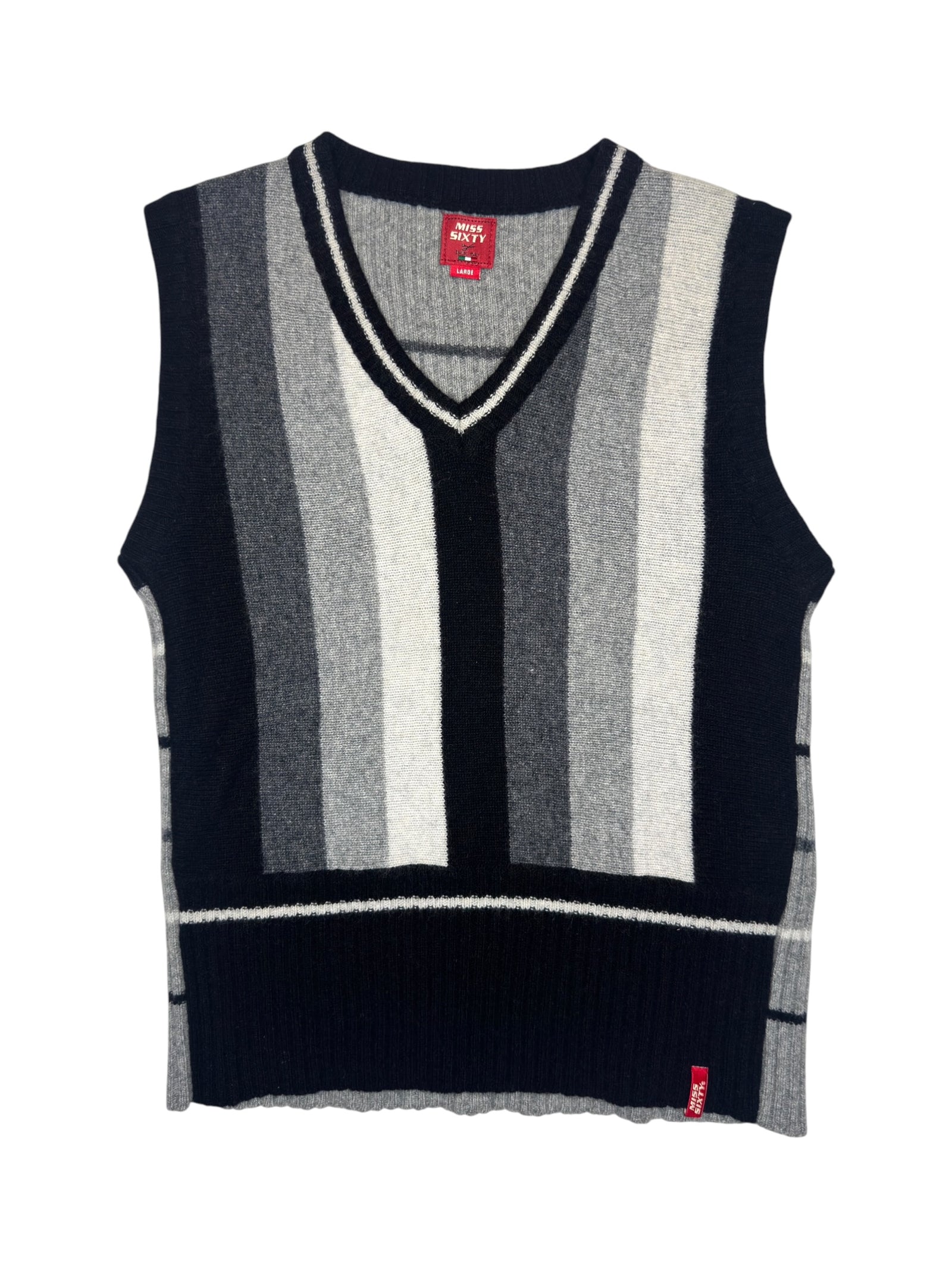 Vintage 2000s MISS SIXTY Wool Blend Grey Black & Cream Striped Knit V-Neck Sweater Vest | Size M-L