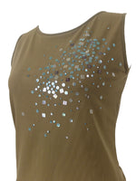 Vinntage 2000s Y2K Marella Olive Green Sleeveless Blouse with Blue Embellished Sequin Detail | Size M