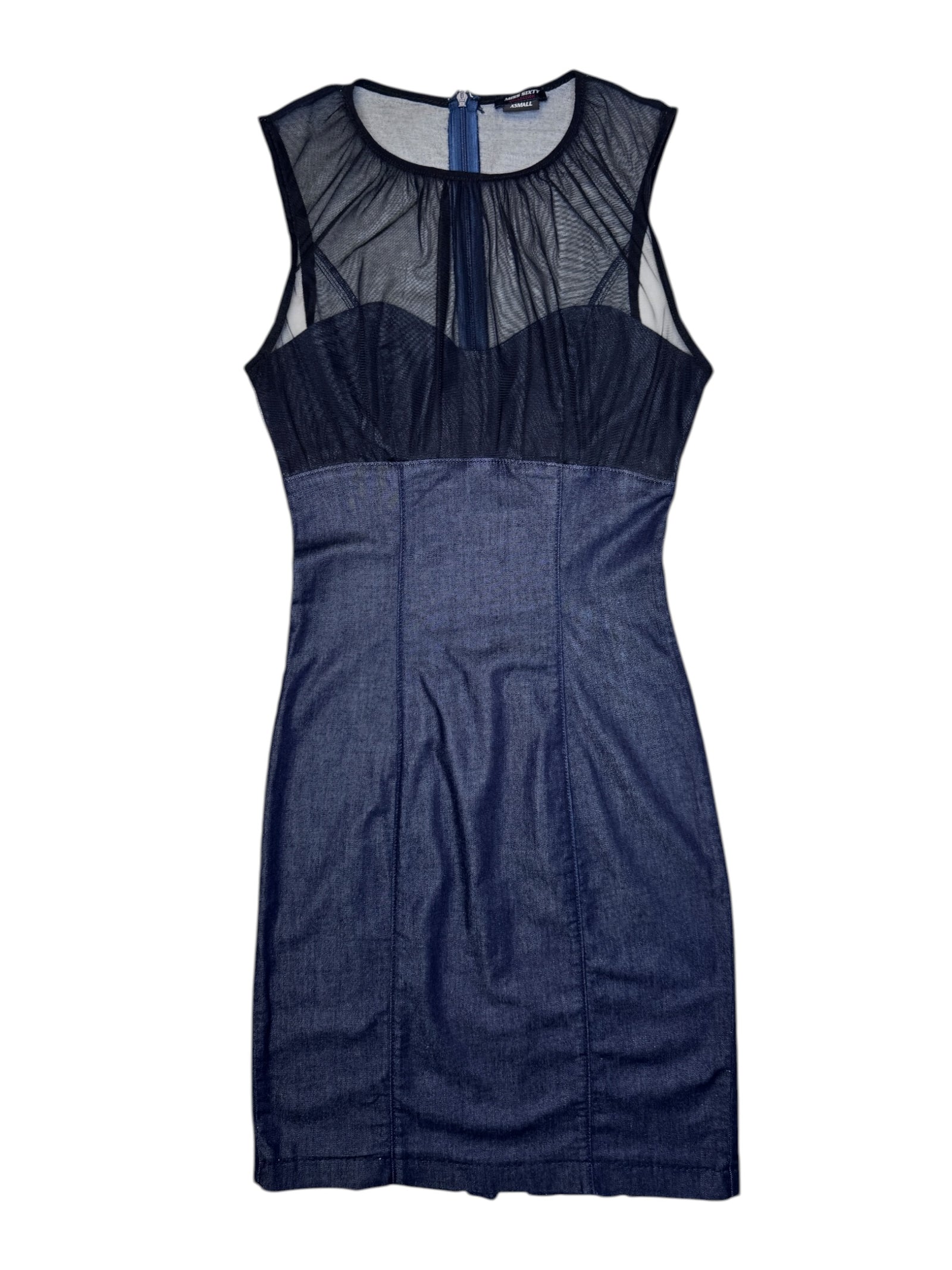 Vintage 2000s MISS SIXTY Stretchy Denim Pencil Mini Dress with Mesh Sweetheart Neckline | Size XS