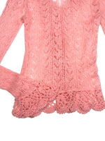Vintage 2000s Y2K Mohair Wool Blend Pastel Baby Pink Ruffled Crochet Lightweight Cardigan Sweater with Tie | Size S