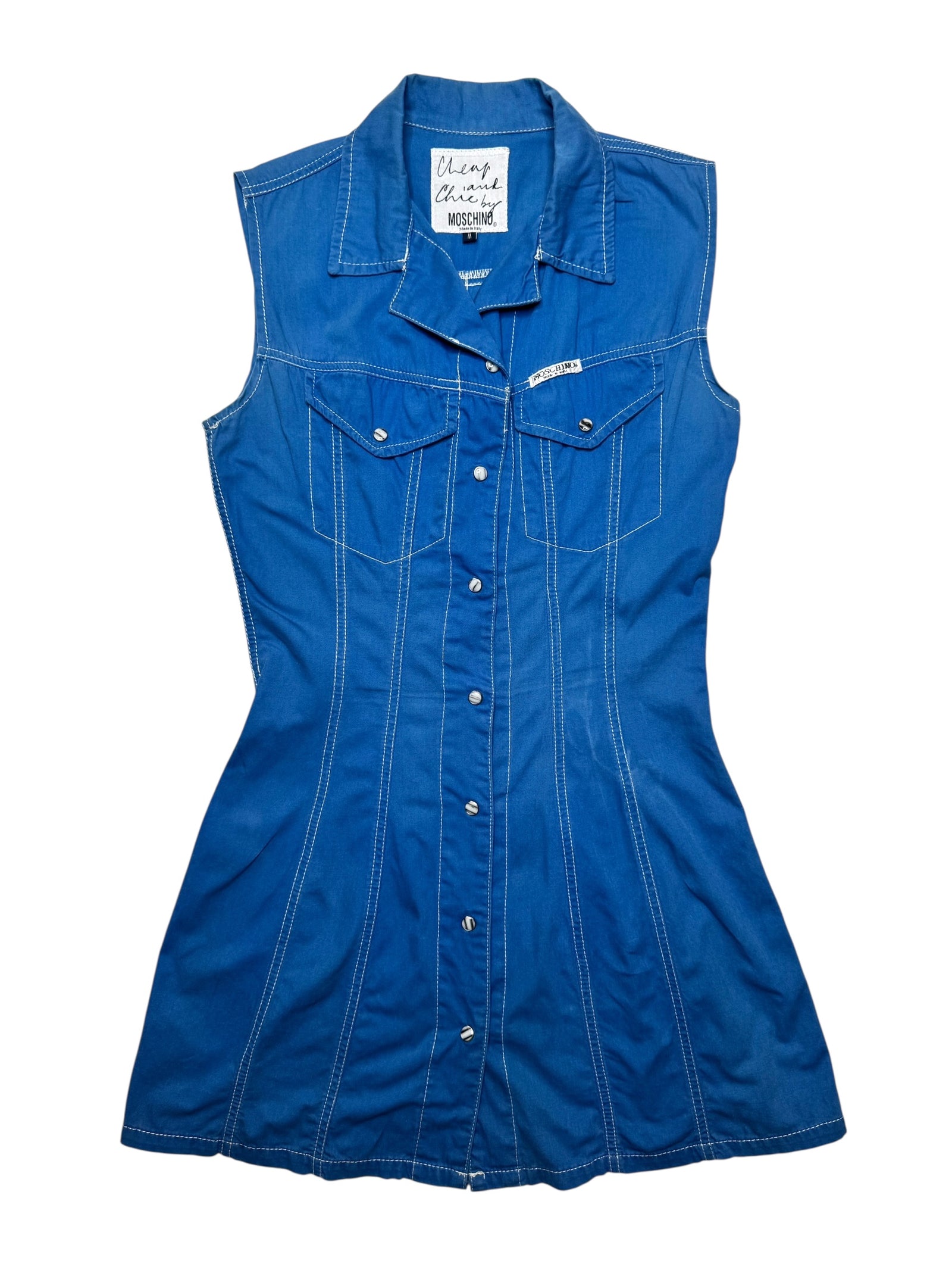 Vintage 2000s Y2K Moschino Mod Preppy Blue Sleeveless Collared Snap Button Down A-Line Mini Dress | Size M