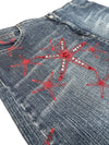 Vintage 2000s Y2K Versace Jeans Couture Low Rise Medium Wash Faded Denim Skirt With Red Stars & Rhinestones | Size M