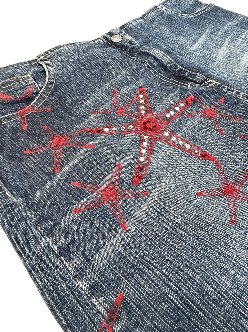 Vintage 2000s Y2K Versace Jeans Couture Low Rise Medium Wash Faded Denim Skirt With Red Stars & Rhinestones | Size M