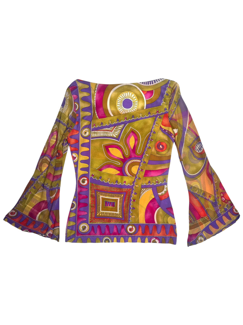 Vintage 90s Y2K Anna Molinari Blumarine Rare Psychedelic Silk Bright Abstract Patterned Butterfly Sleeve Blouse
