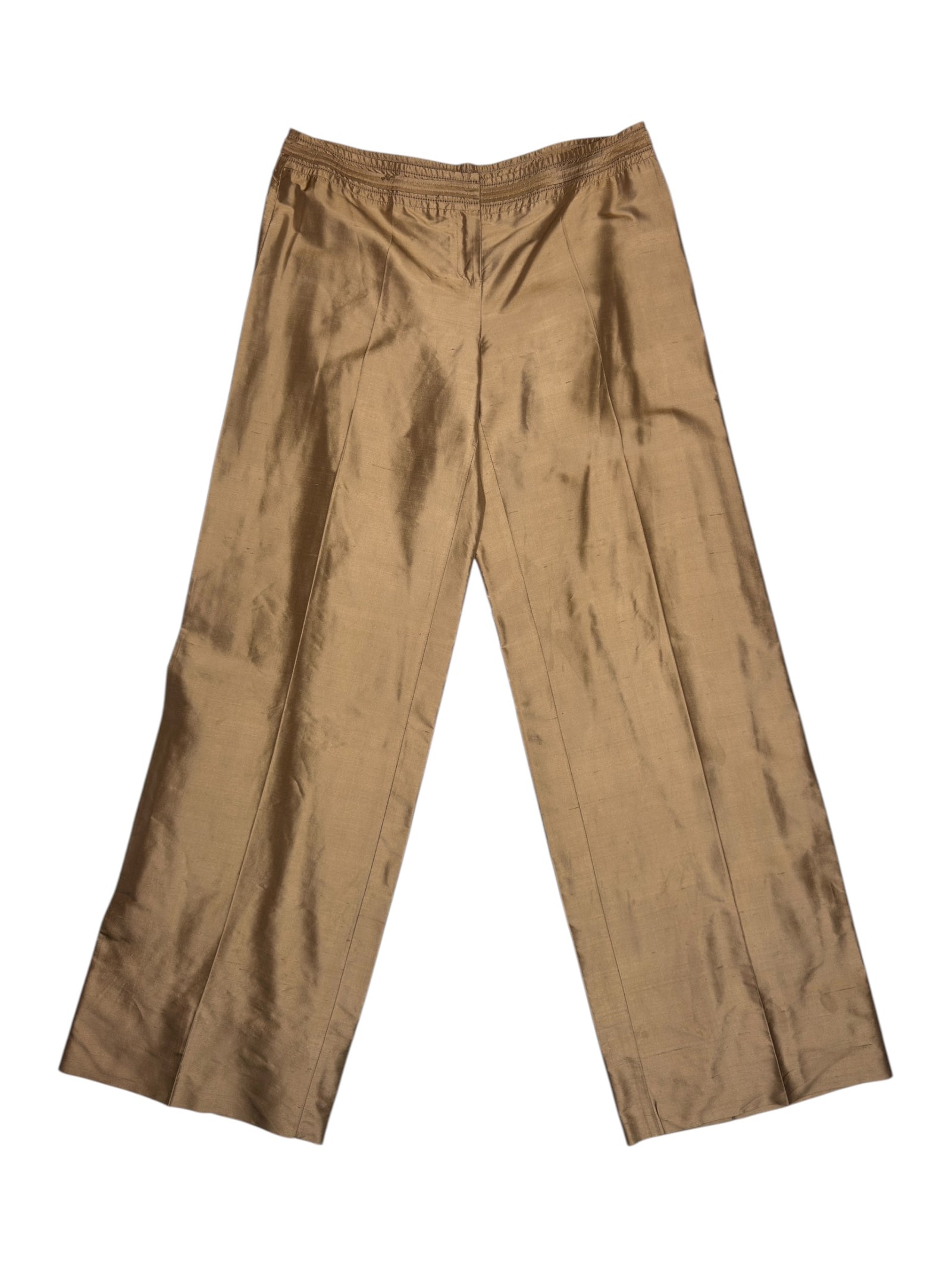 Vintage 2000s MAX & CO Silk Metallic Tan Gold Mid-Rise Wide Leg Trousers | Size L