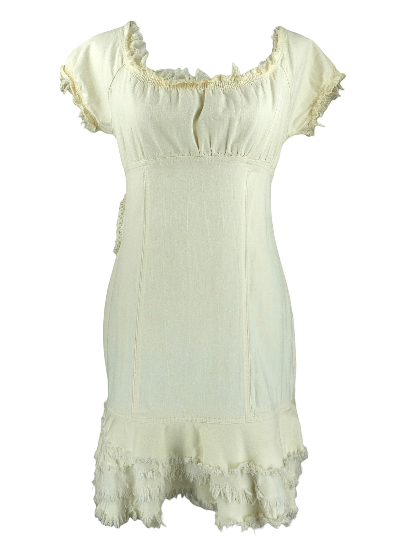 Vintage 2000s Y2K Bohemian Hippie Cottage Style Distressed Short Sleeve Below-the-Knee Ruffled Midi Dress | Size S-M