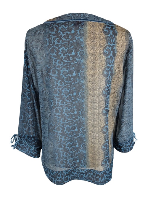 Vintage 2000s Y2K Chic Bohemian Hippie Blue & Brown Abstract Paisley Print Chiffon V-Neck 3/4 Sleeve Blouse with Ribbon Detail | Size L