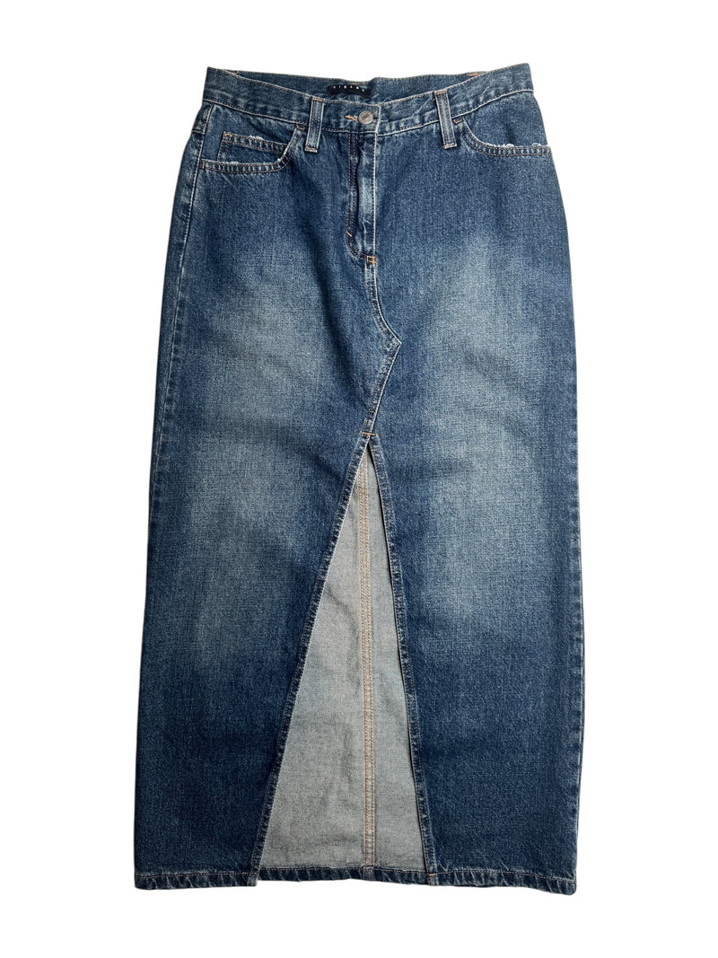 Vintage 2000s Y2K Soft Grunge Streetwear Blue Jean Denim Low Rise Cutout Maxi Skirt | Size S