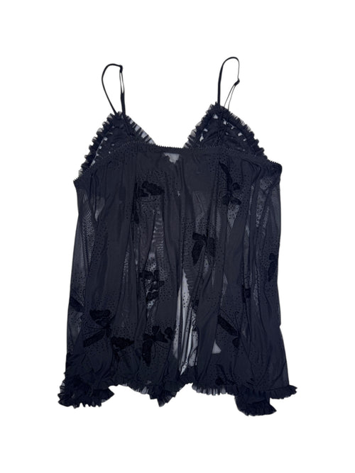 Vintage 2000s Black Butterfly Ruffled Mesh Sleeveless Lingerie Tank Top Tunic with Front Cutout & Bow | Size L