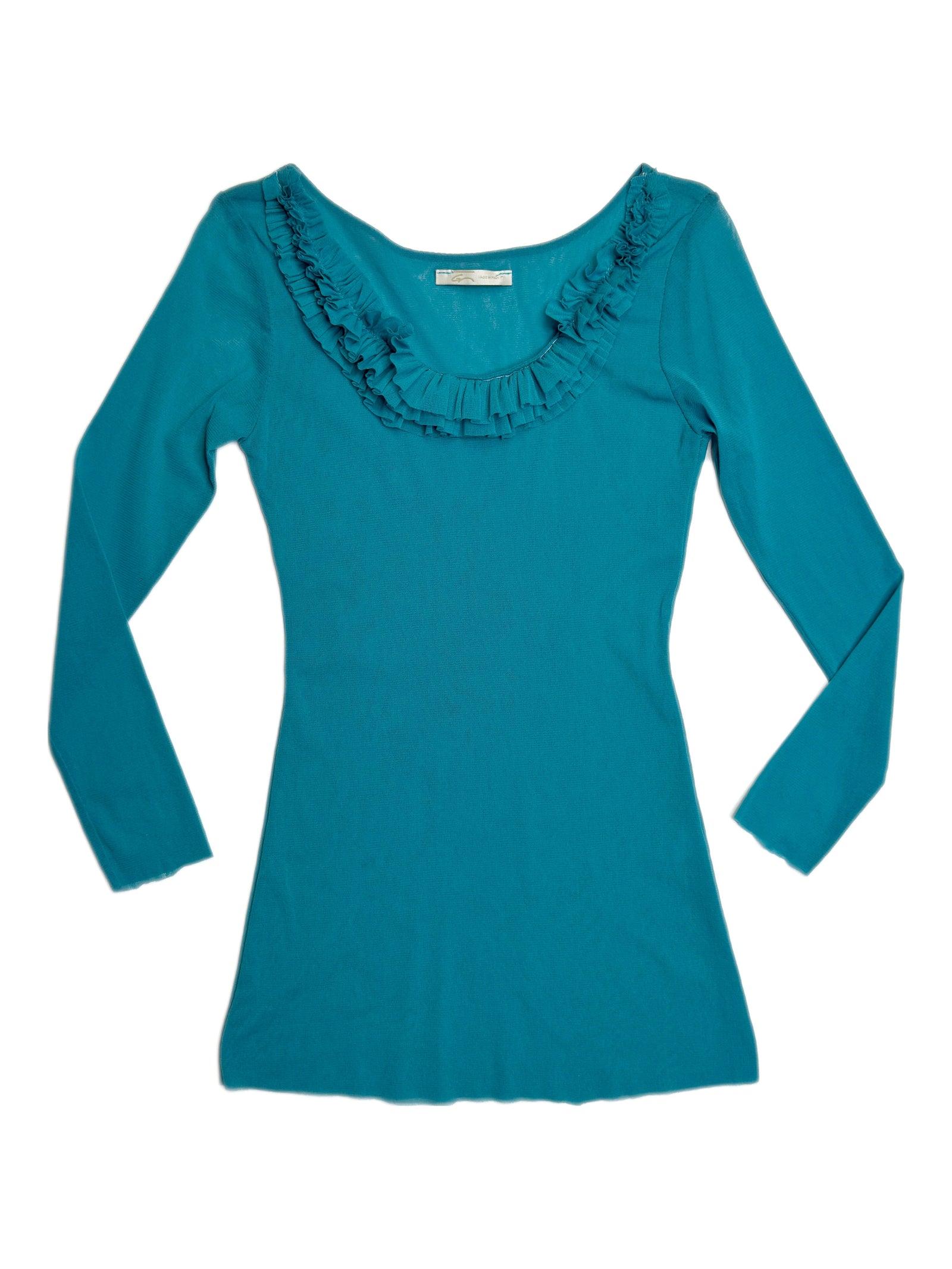 Vintage 2000s Y2K Teal Turquoise Micro Mesh Scoop Neck Long Sleeve Top with Ruffle Detail | Size S-M