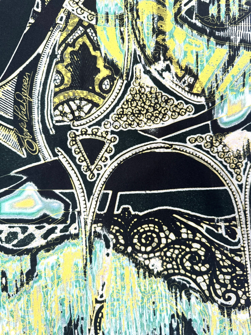 Vintage 2000s Y2K Save The Queen Dark Green & Black Abstract Print Above-the-Knee Long Sleeve Mini Dress with Lace Detail | Size L