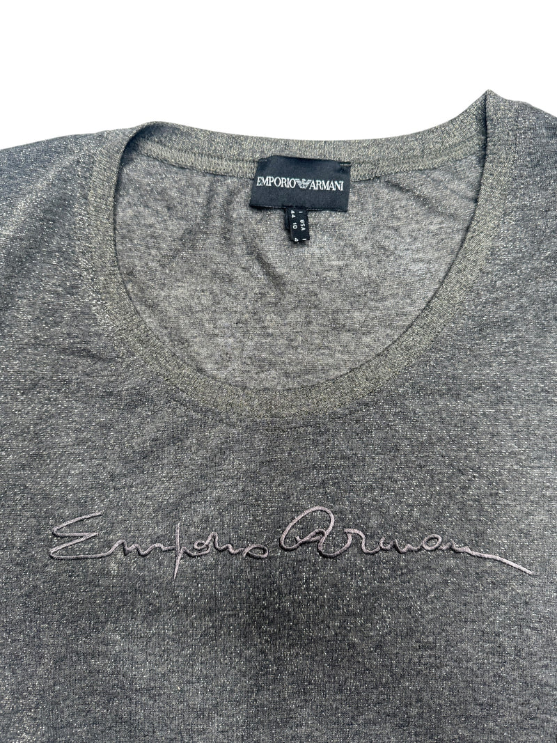 Vintage 2000s Y2K Emporio Armani Grey & Gold Sparkle Metallic Short Sleeve Scoop Neck T-Shirt  | Size M