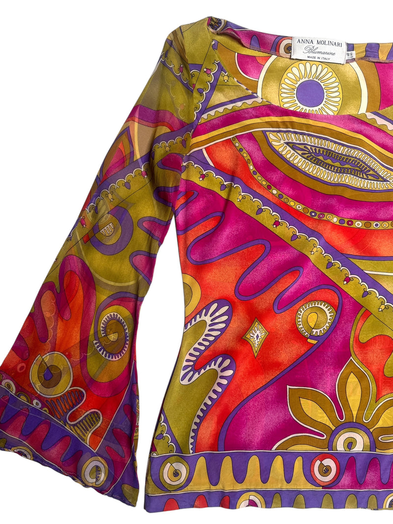 Vintage 90s Y2K Anna Molinari Blumarine Rare Psychedelic Silk Bright Abstract Patterned Butterfly Sleeve Blouse