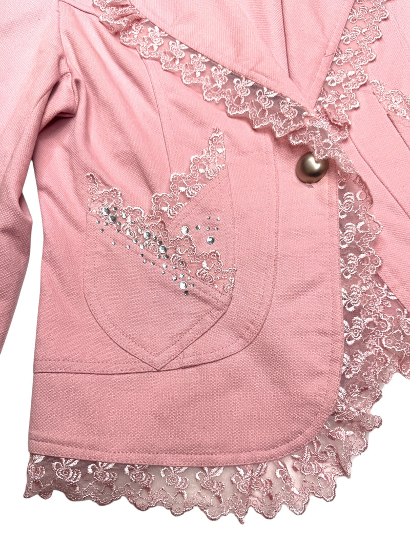 Vintage 2000s Y2K Preppy Chic Pastel Baby Pink Collared Cotton Blazer Jacket with Bedazzled Rhinestones | Size M