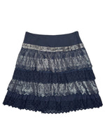 Vintage 2000s MAX & CO Navy Metallic Silver Foil Print Layered Ruffle Knee Length Skirt with Lace Trim | Size M