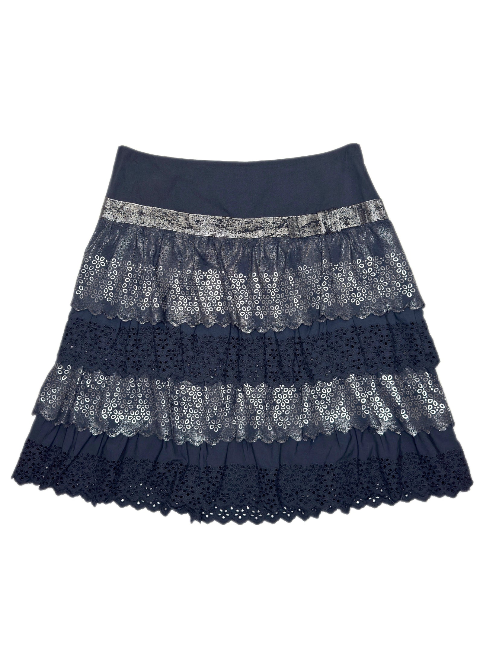 Vintage 2000s MAX & CO Navy Metallic Silver Foil Print Layered Ruffle Knee Length Skirt with Lace Trim | Size M