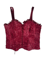 Vintage 2000s Maroon Mesh Sleeveless Lace Up Corset Top with Ruffled Trim | Size L